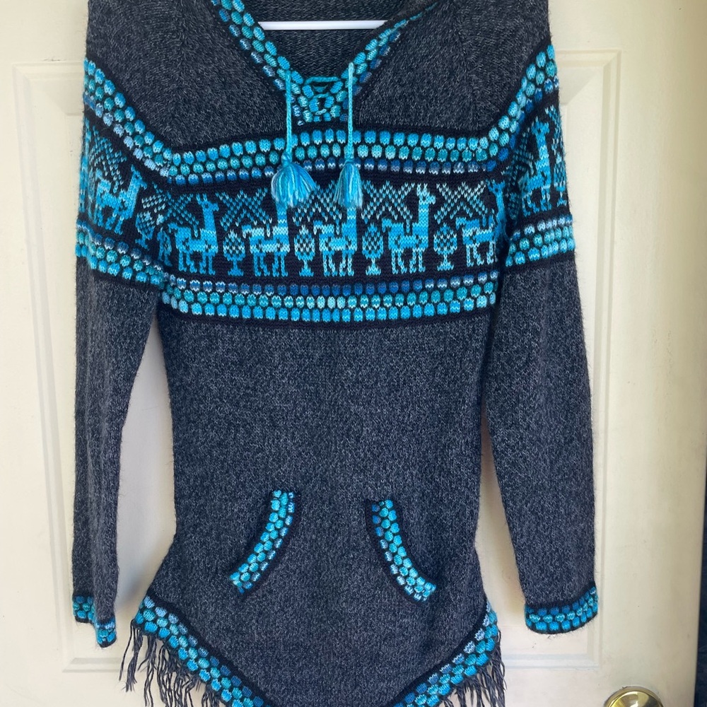 Artesania Edm Gray Blue Alpaca Hoodie Sweater Hooded Fringe Andean Knit L